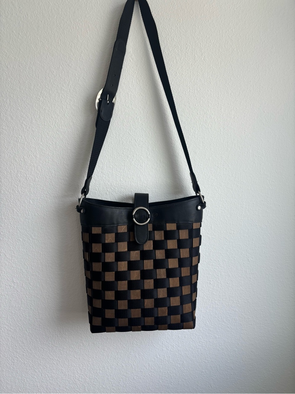 Longaberger Black and Brown Woven Shoulder Bag with Ring Accent